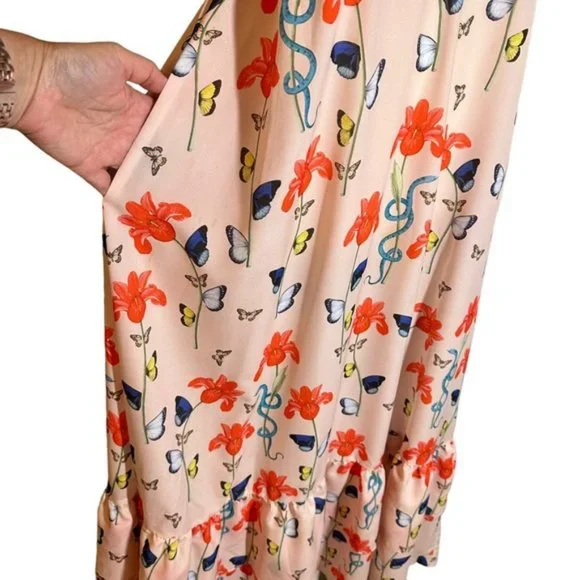 BORGO DE NOR Women's Pink Butterfly Print Ruffle Maxi Dress Size 12 - Picture 8 of 15